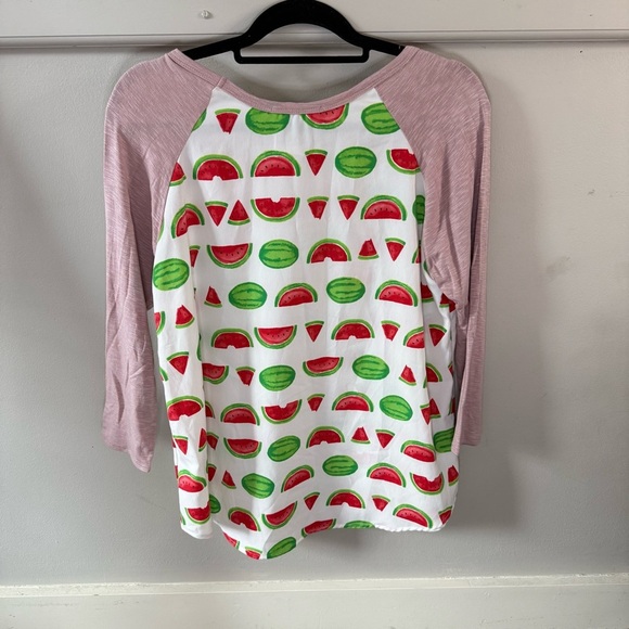 LeLis Watermelon Print Raglan Sleeve Baseball Tee Top Dusty Pink Red and Green - Picture 3 of 7